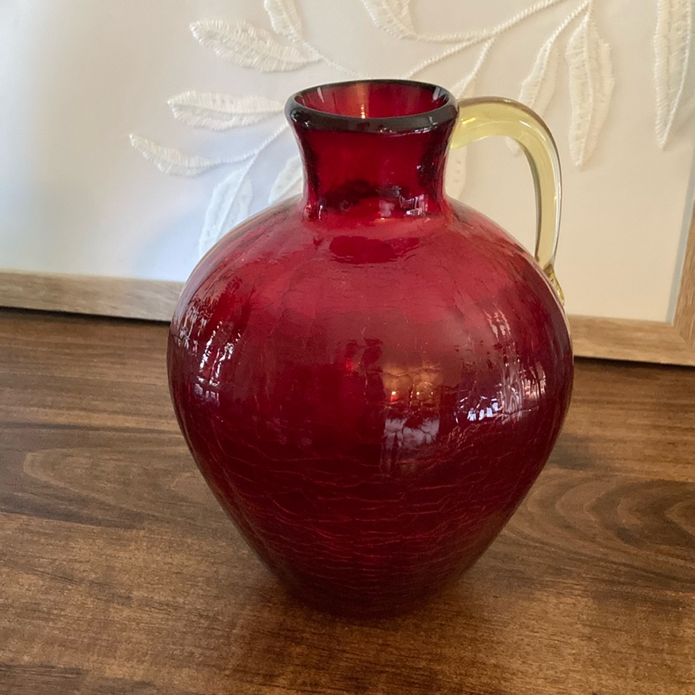 Elegant Red Glass Pitcher Vase with Handle, approx 6.5” tall